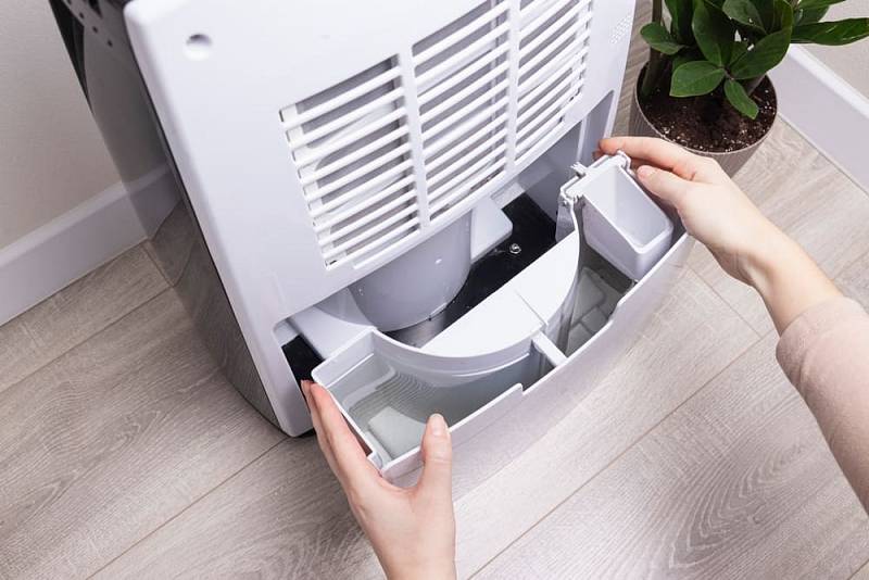 Woman,Removing,Full,Water,Tank,From,Dehumidifier.,Concept,Of,Humidity