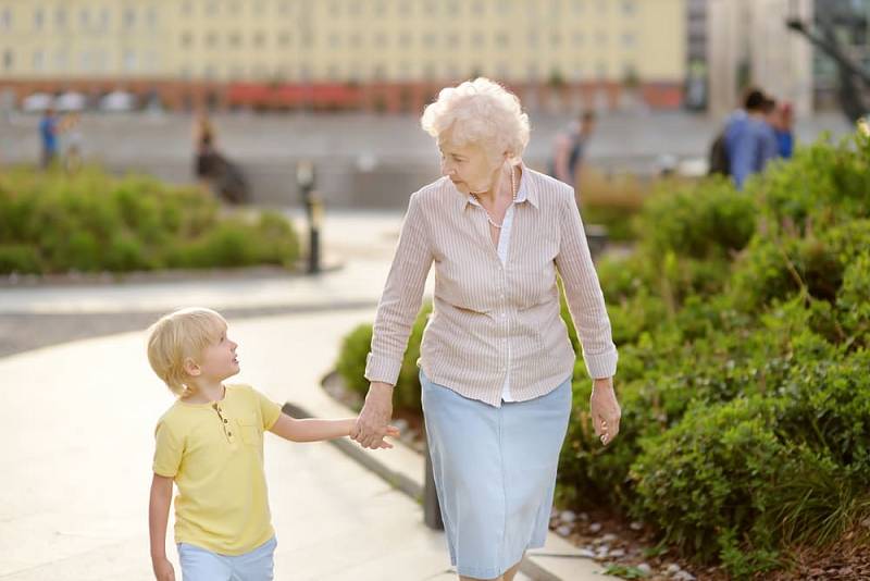 Beautiful,Granny,And,Her,Little,Grandchild,Walking,Together,In,Park.