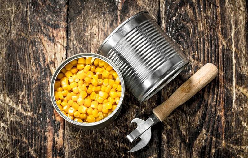 Canned,Corn,In,A,Tin,Can,With,Opener.,On,A