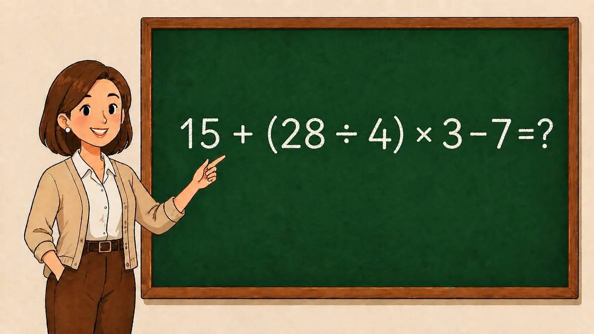 Sčítání nebo závorka - co přijde dřív? Vyřešte 15 + (28 ÷ 4) × 3 - 7